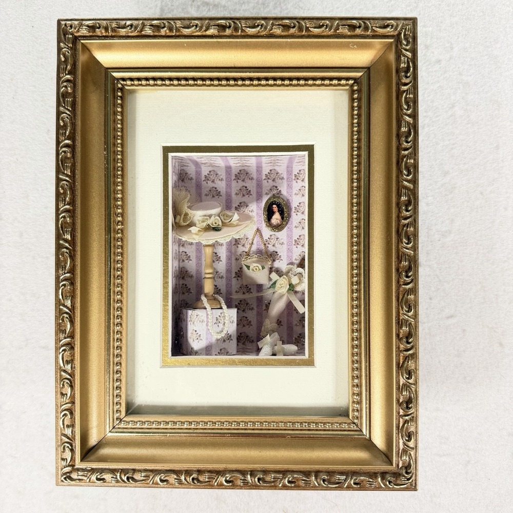 Vintage Shadow Box Diorama Framed Miniature Victorian Hat Purse Display